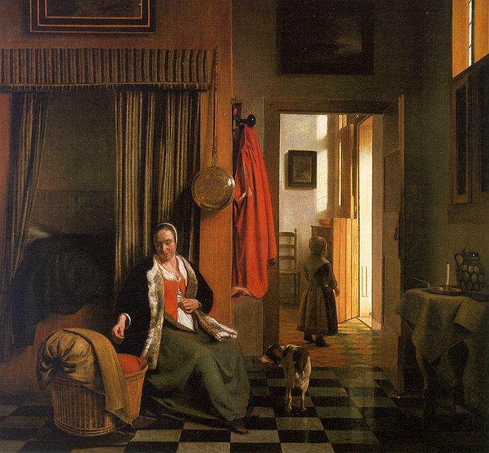 Pieter de Hooch Mother Lacing her Bodice Beside a Cradle oil painting image